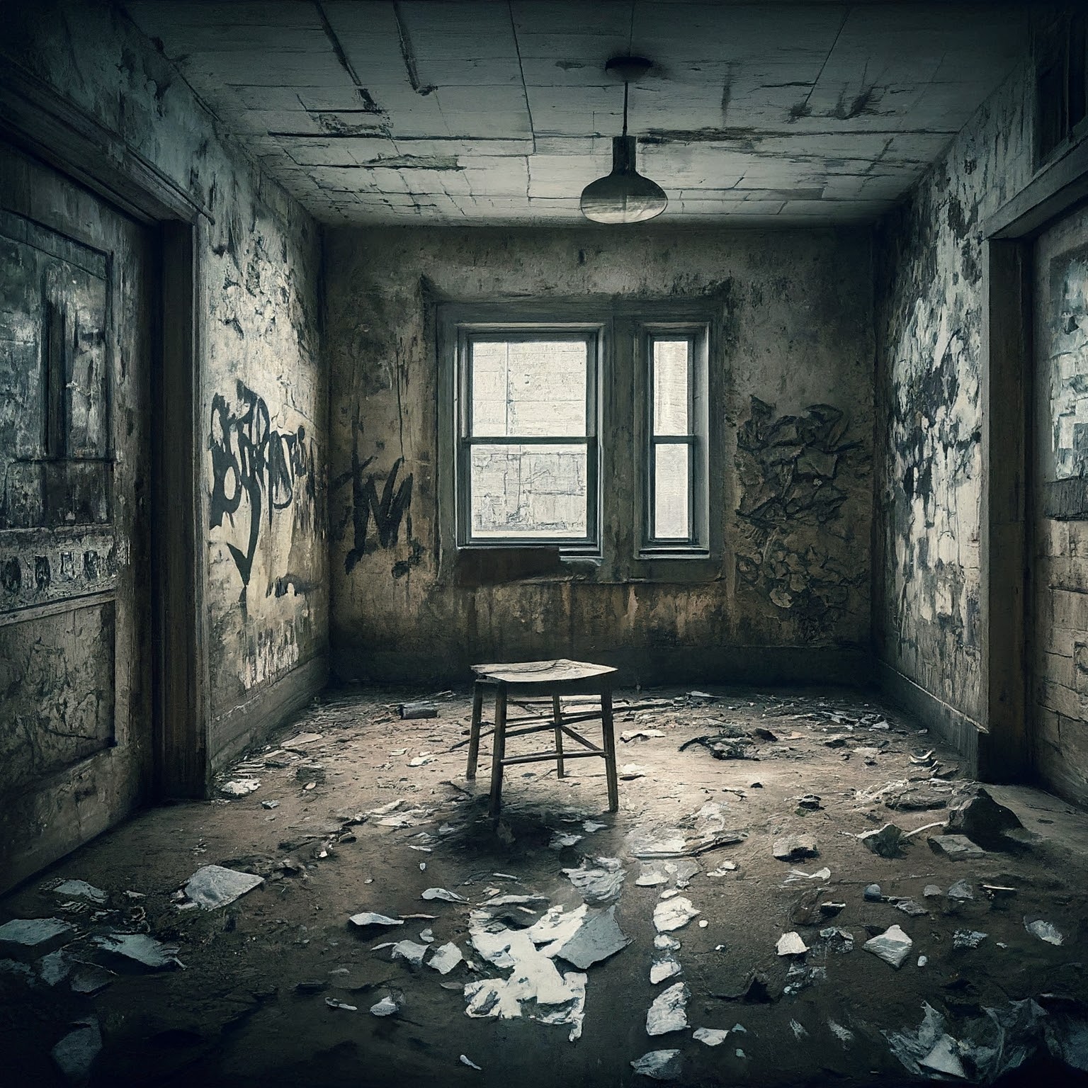 Isolation is a central theme of Pink Floyd's The Wall, this image is a stool in a desolate abandoned room.
